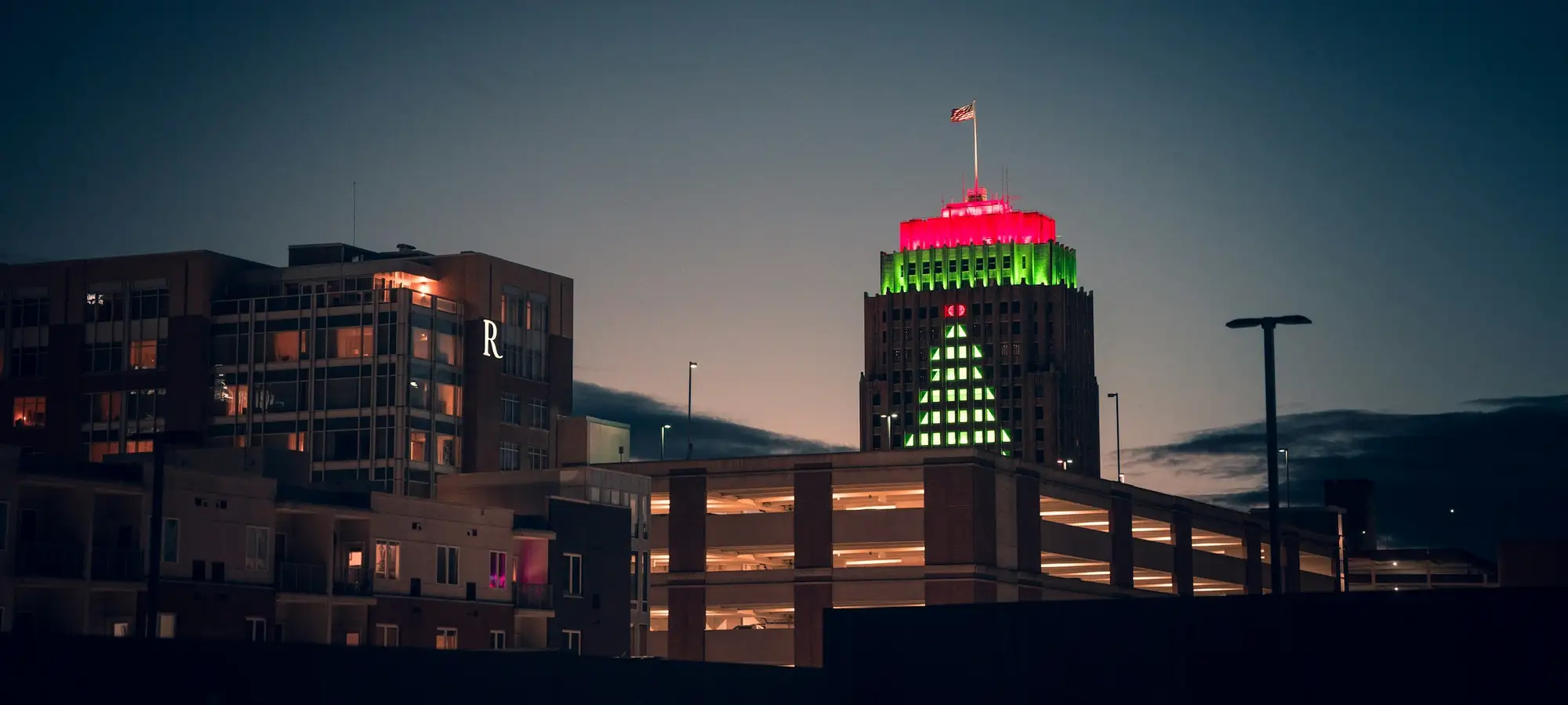 Downtown Allentown at dusk with the PPL Building lit