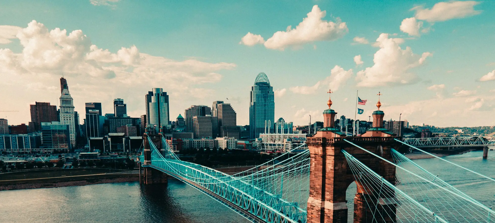 Cincinnati skyline and the Roebling Suspension Bridge