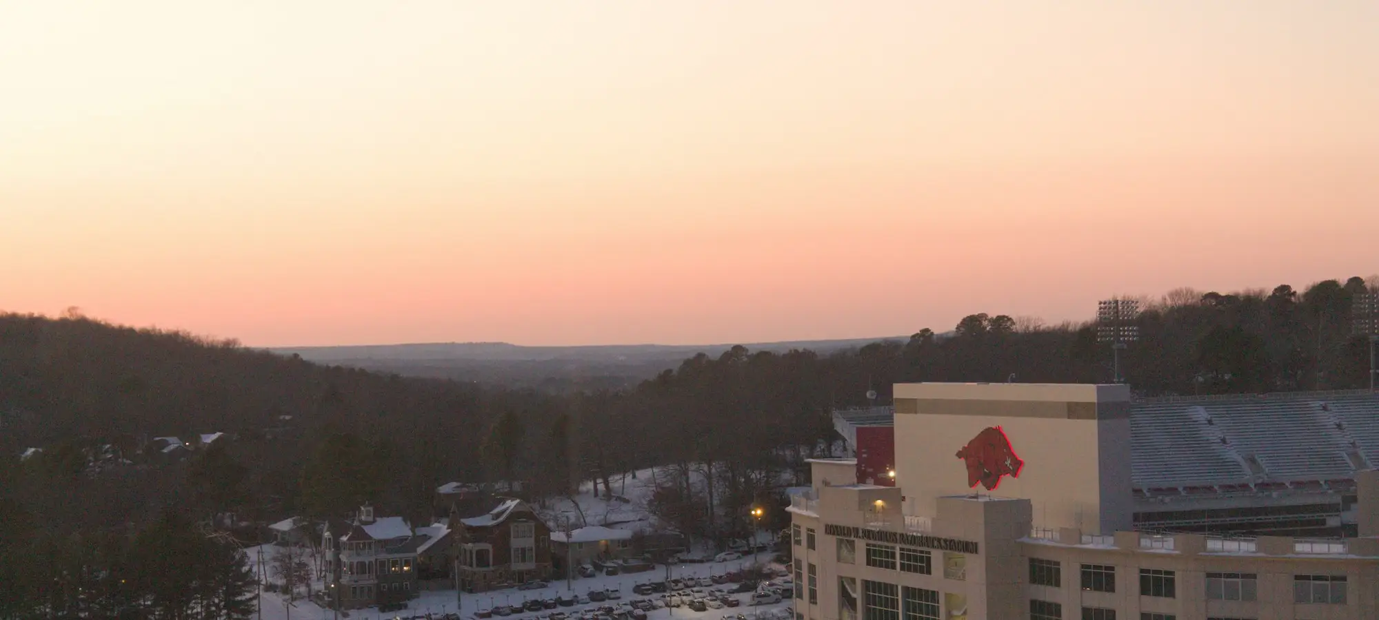 Razorback Stadium at sunset in Fayetteville, Arkansas