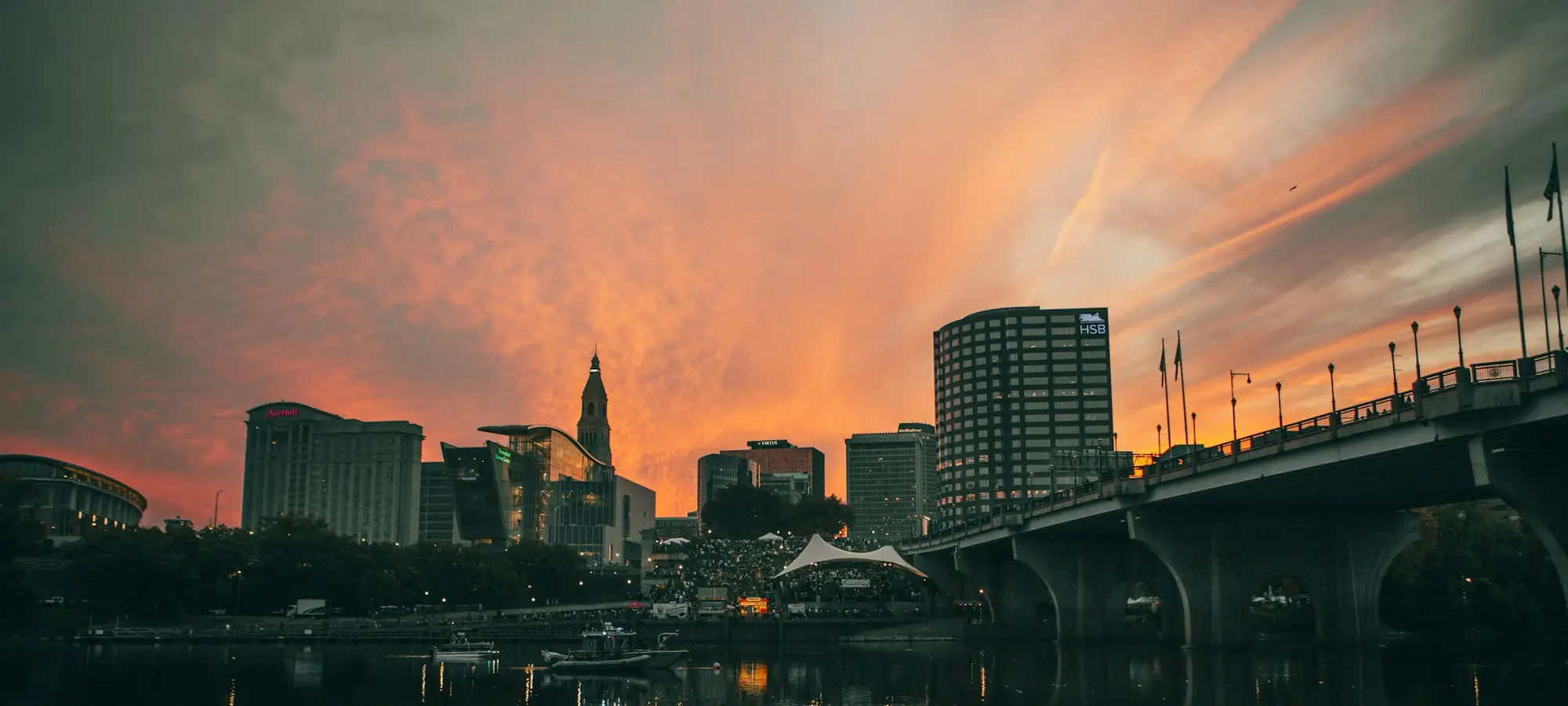 Hartford skyline and bridge over the Connecticut River at sunset