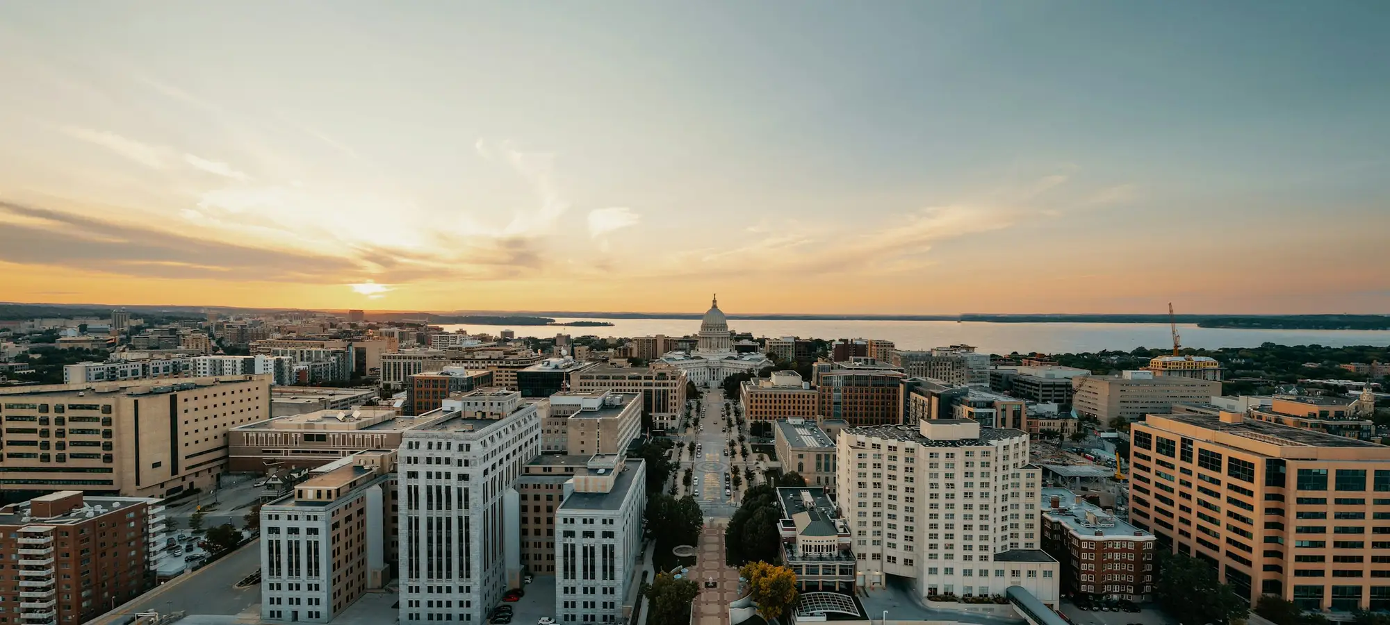Downtown Madison and the Wisconsin State Capitol at sunset
