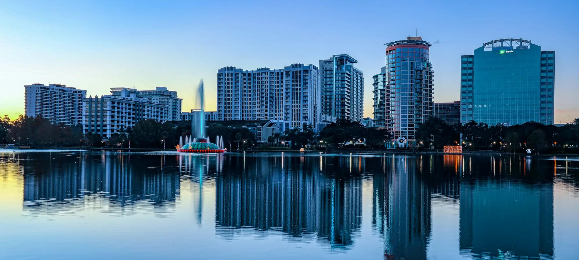 Downtown Orlando skyline across Lake Eola