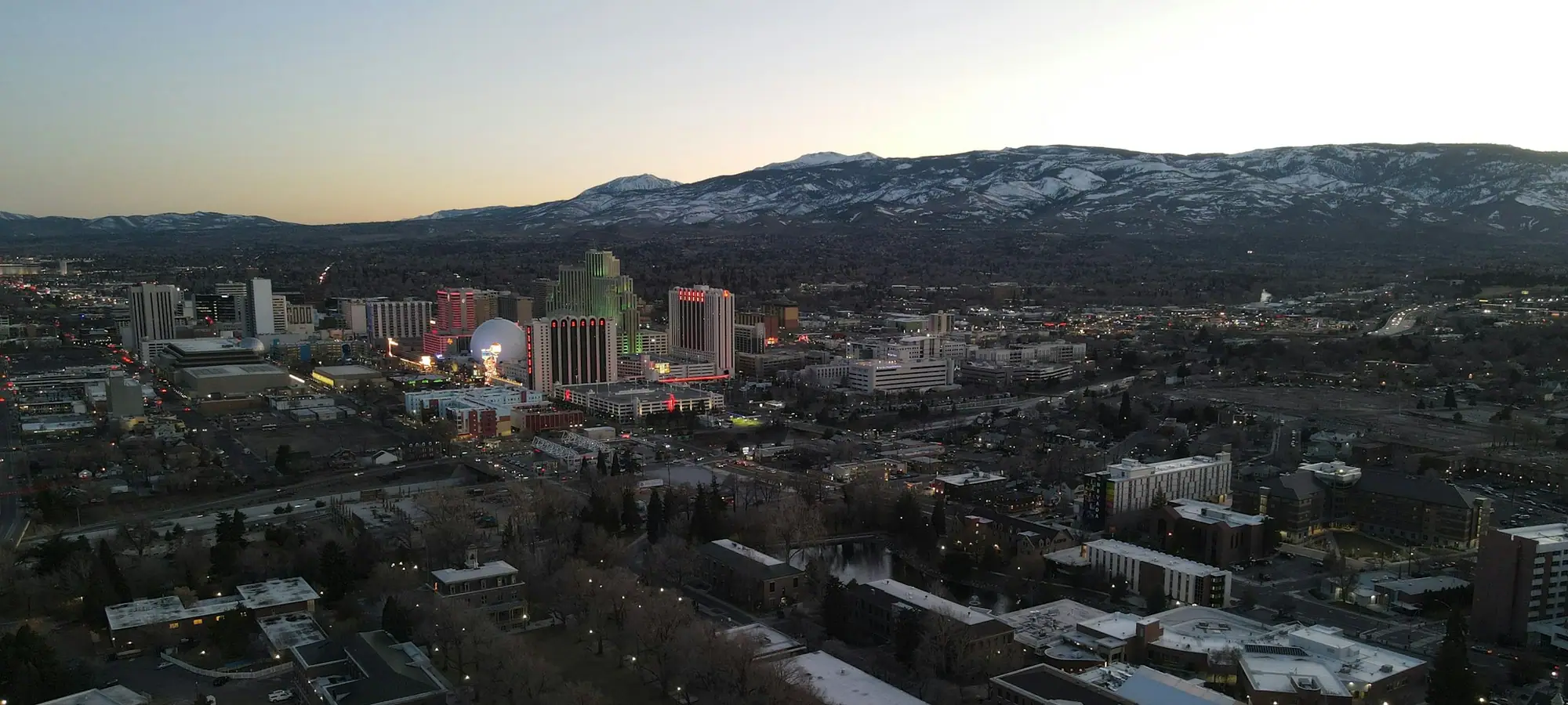 Downtown Reno, Nevada, with mountains in the distance