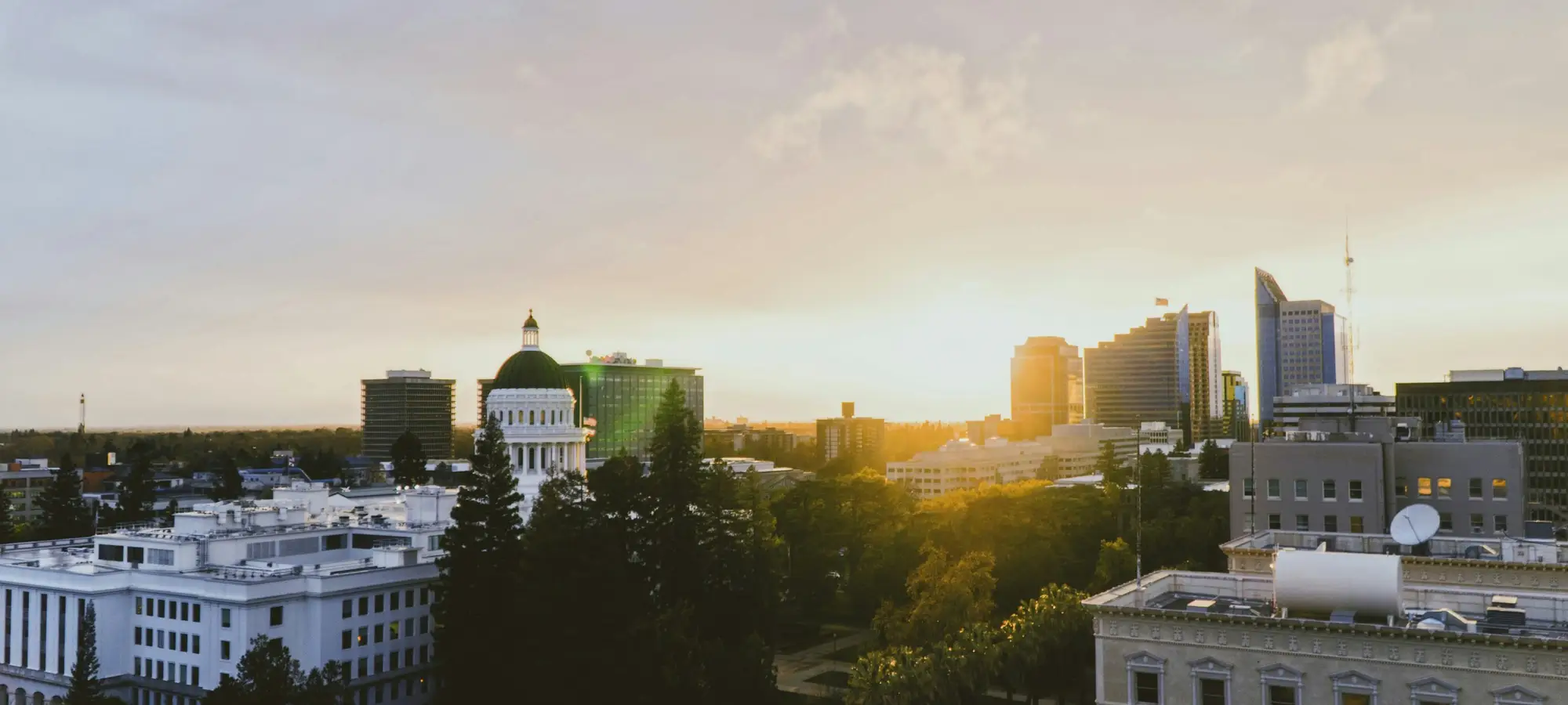 Downtown Sacramento and the California State Capitol at sunset